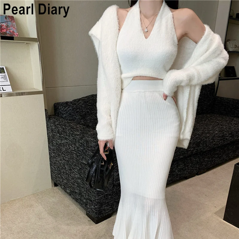 Vintage White Knitted 3 Three Piece Set Women Long Sleeve Furry Knit Jacket + Halter Vest and Fishtail Skirt Sets |