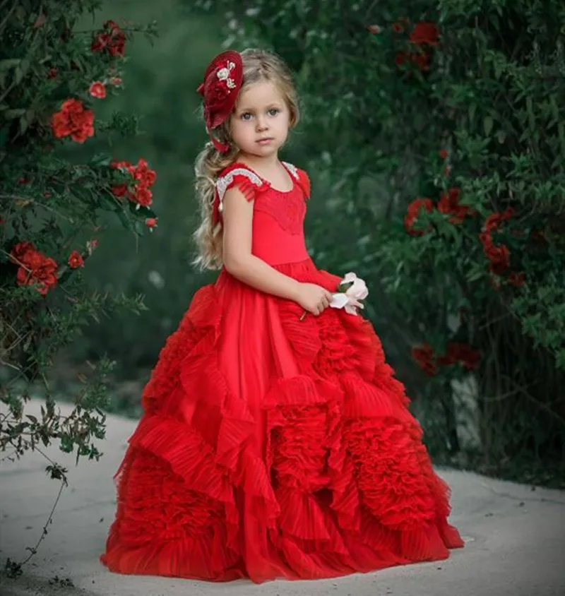 

Dollcake Red Ruffles Flower Girl Dresses Lace Ball Gown Tutu Boho Wedding Vintage Beach Little Girls Dresses