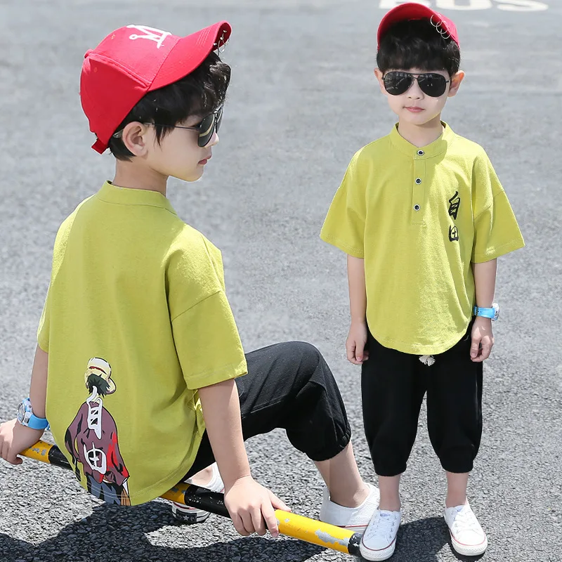 

BOY'S Summer Wear Set 2019 New Style Western Style Children Big Virgin Pure Cotton Short Sleeve Cotton Linen Two-Piece Set Korea