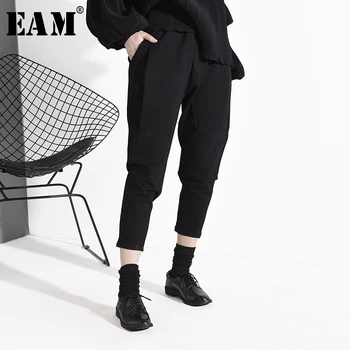 

[EAM] High Elastic Waist Black Pocket Split Long Harem Trousers New Loose Fit Pants Women Fashion Spring Autumn 2020 JK48001