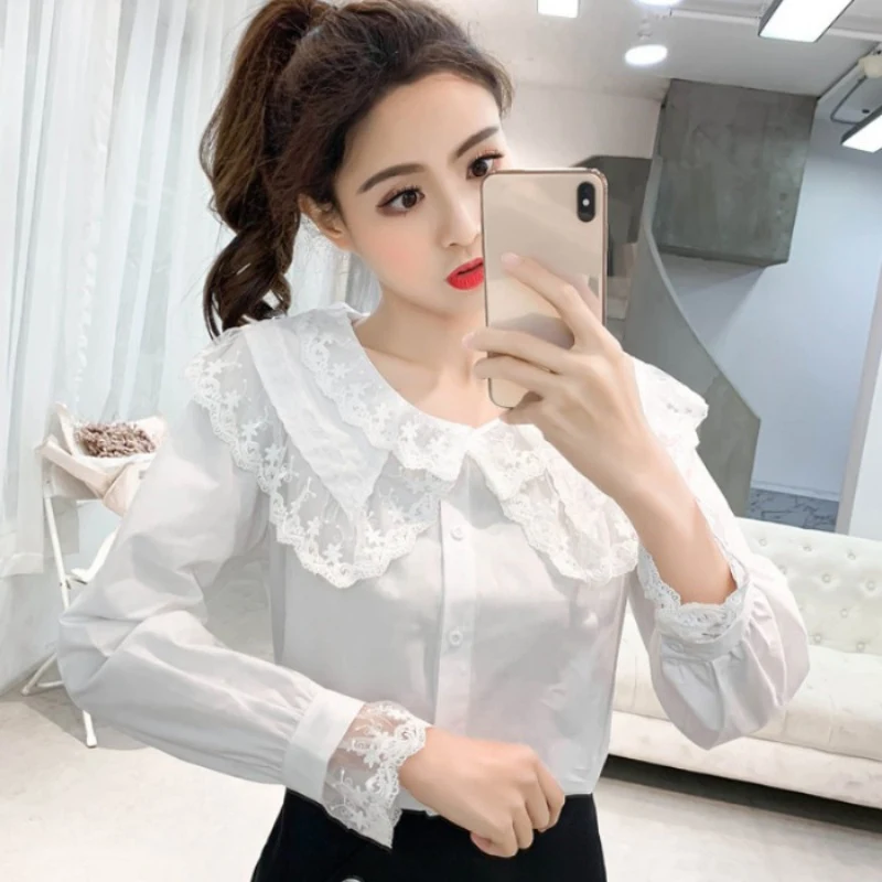 

Women Lace Collar Long Sleeve Shirt Solid Color Lapel Stretch Tops Slim Chiffon Blouse White Shirts