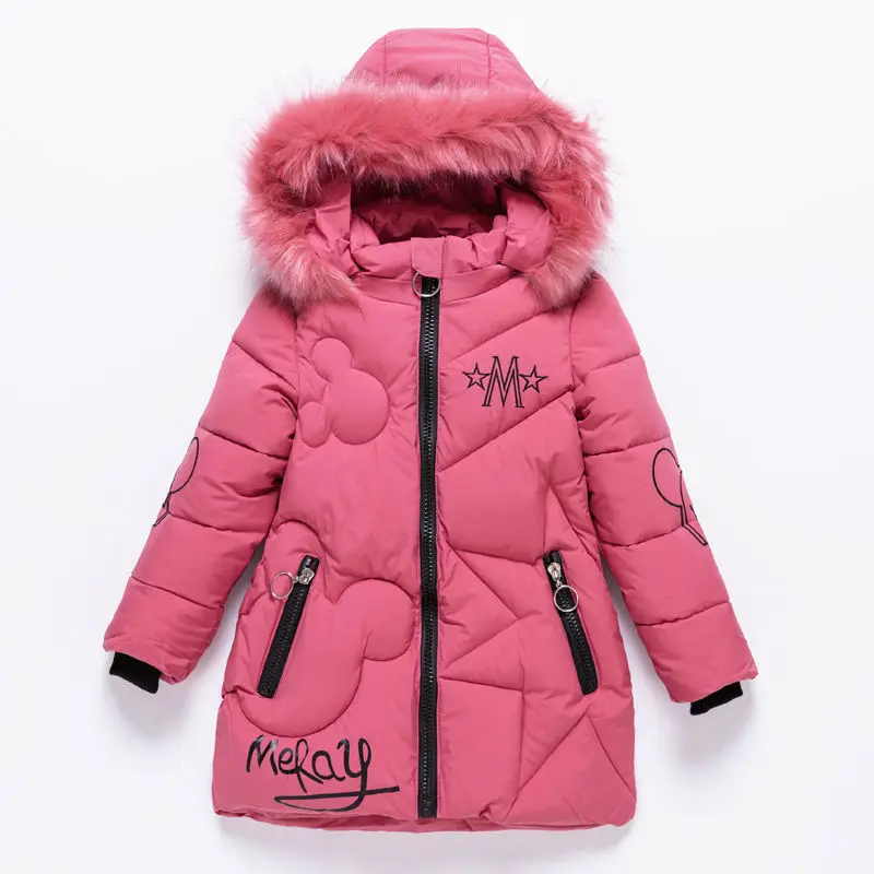 Пуховики для девочек; теплая верхняя одежда для малышей; плотные пальто для мальчиков; ветрозащитные детские зимние куртки; детская зимняя верхняя одежда с героями мультфильмов - Цвет: meray-pink