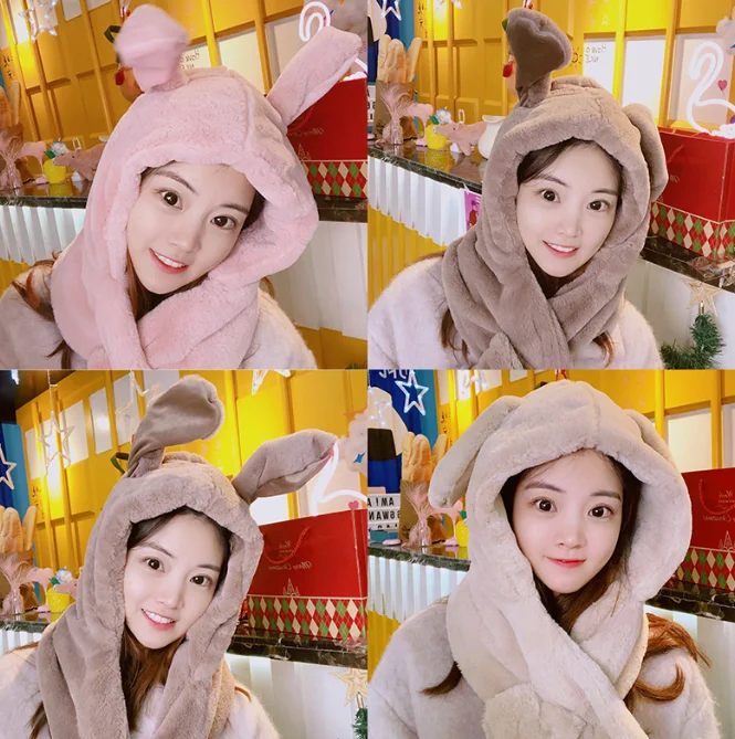 Autumn and winter leisure new cute headgear plush movable rabbit ears cap scarf multi-functional all-in-one hat J06