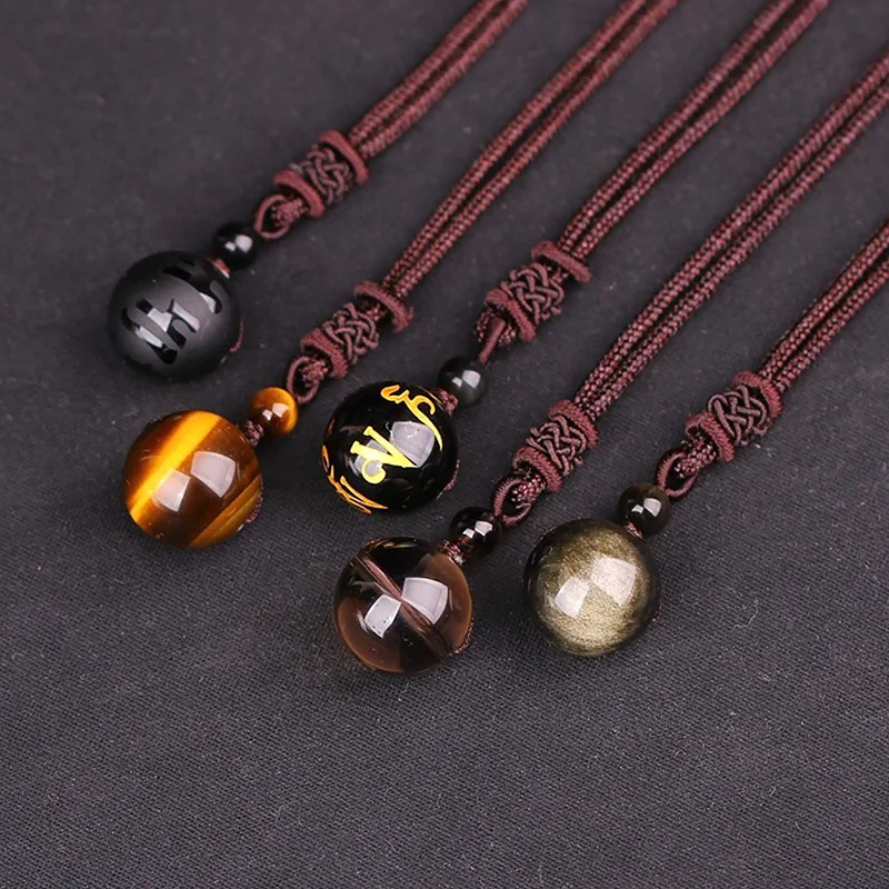 

Natural Stone Pendant Necklace Black Obsidian Rainbow Eye Beads Ball Transfer Lucky Crystal Reiki Pendants Energy Jewelry Gift