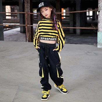 

Children'S Jazz Dance Costumes Long-Sleeved Loose Striped T-Shirt Pants Performance Clothing Girls Hip-Hop Street Wear DWY2520