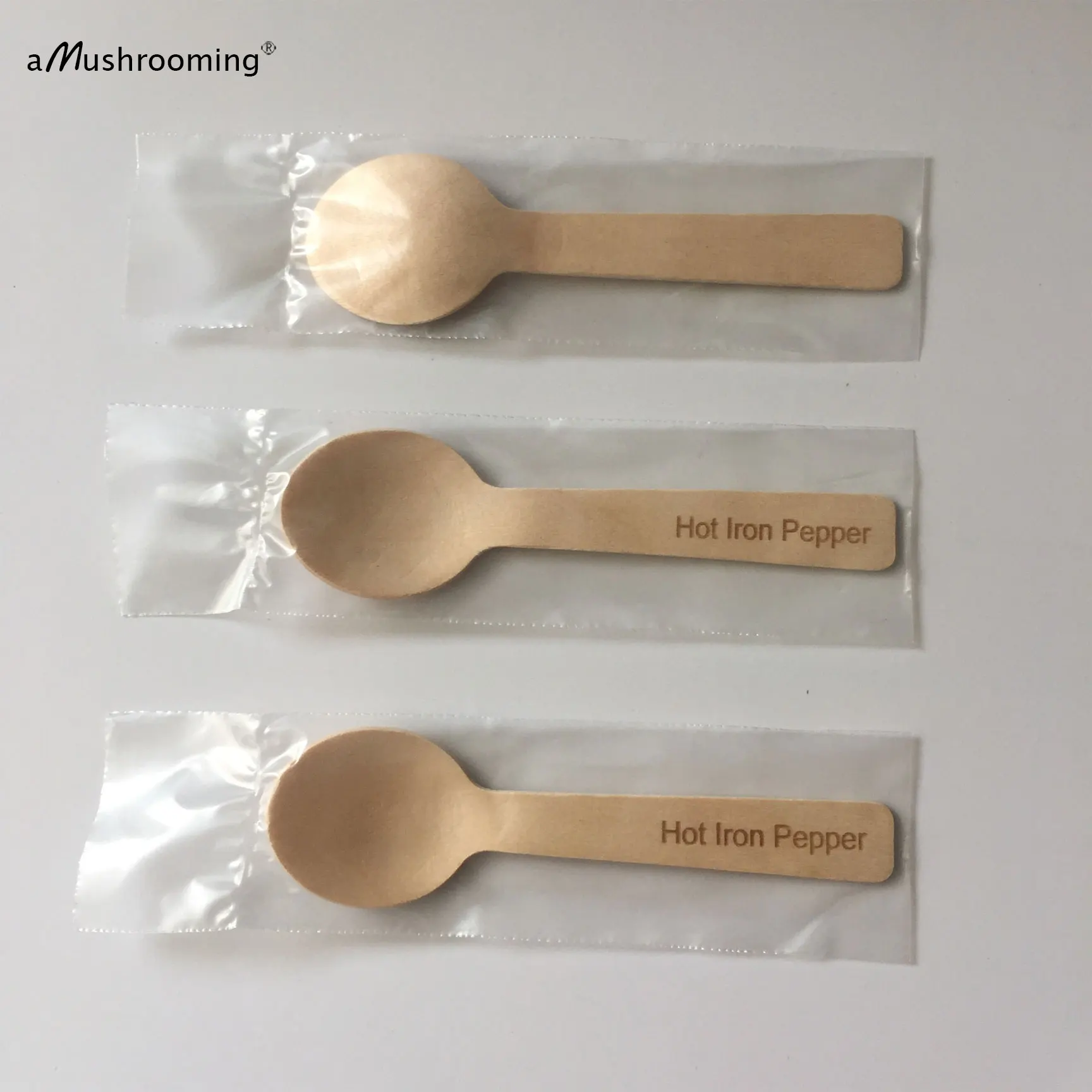 100pcs Wooden Mini Taster Spoons Single Heat Sealed Wrapped Personalized Text Eco-friendly 10cm Round Ice Cream Dessert Scoop