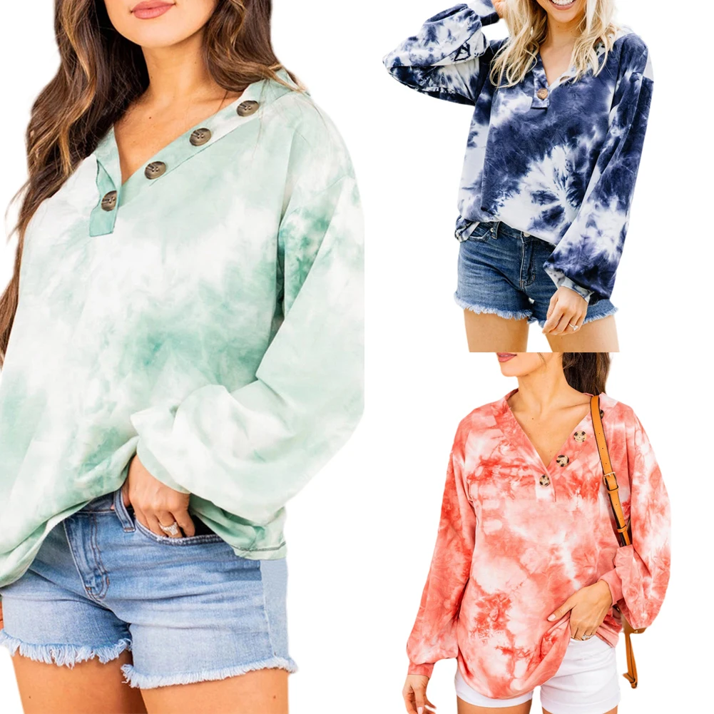 

AA Women's Tie Dye Sweatshirts Long Sleeve Button V Neck Loose Pullover Tops Fashion Ladies Hoodies Streetwear Womens Clothing