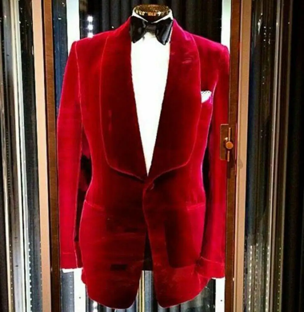 

1 Pcs Red Velveteen Man Blazer Slim Fit Men Suits Costume Wedding Groom Tuxedos Prom Male Suits Only Jacket+Tie