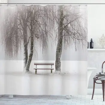 

Tree Shower Curtain Bench in The Snow Between Trees Winter Theme Picture Snowflakes Christmas Season Art Bathroom