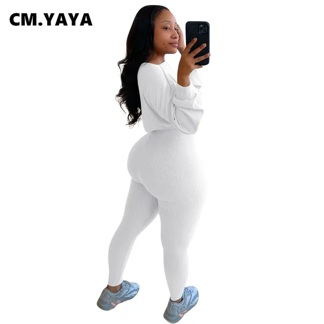 CM.YAYA Activewear Lucky Label Embroidery Ribbed Women's Set Sweater Tops Legging Pant Set Tracksuit Fitness Two Piece Outfits 5