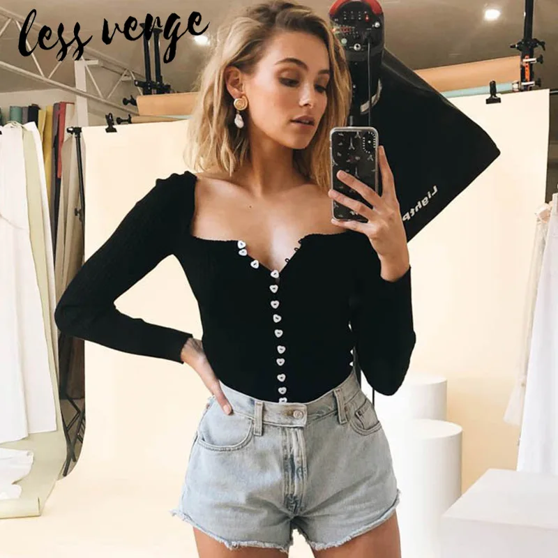 

lessverge Black knitted t shirt tops women Long sleeve ruffles button elastic slim cropped top White cotton ribbed tops tees