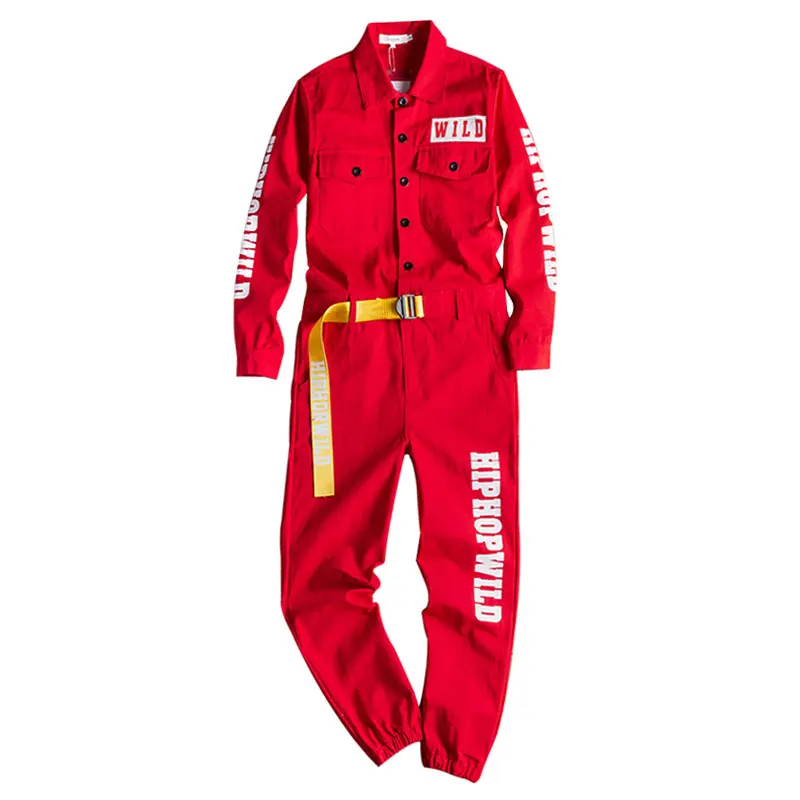 Spring Overalls Men Jumpsuit Cotton Letter Print Beam Feet Coverall Pants Multi Pocket Workwear Yellow Red Loose Trousers | Мужская