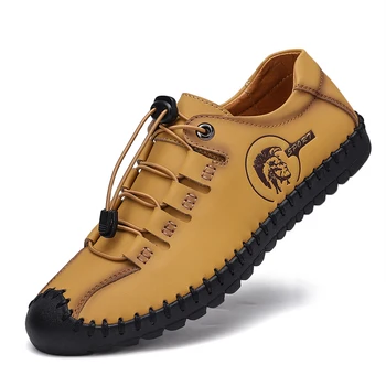 

Lace-up Genuine Leather Spring Casual Men's shoes Comfortable Fashion Brown Black Flat Footwear Soft Plus Size 47