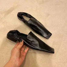 European and American Style Leather Flat-bottomed Square Foot Loafers In Early Spring 2020 Black Low Heel Loafers Women's Shoes