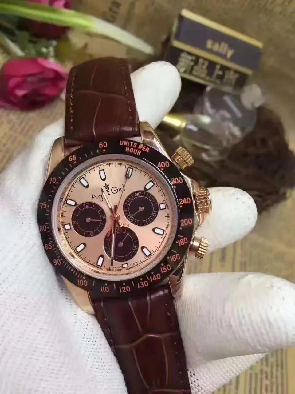 Brand New Mens Luxury Top Quality Rose Gold Chocolate Dial Ceramic Bezel Leather Gent's Automatic Mechanical Sapphire Watches