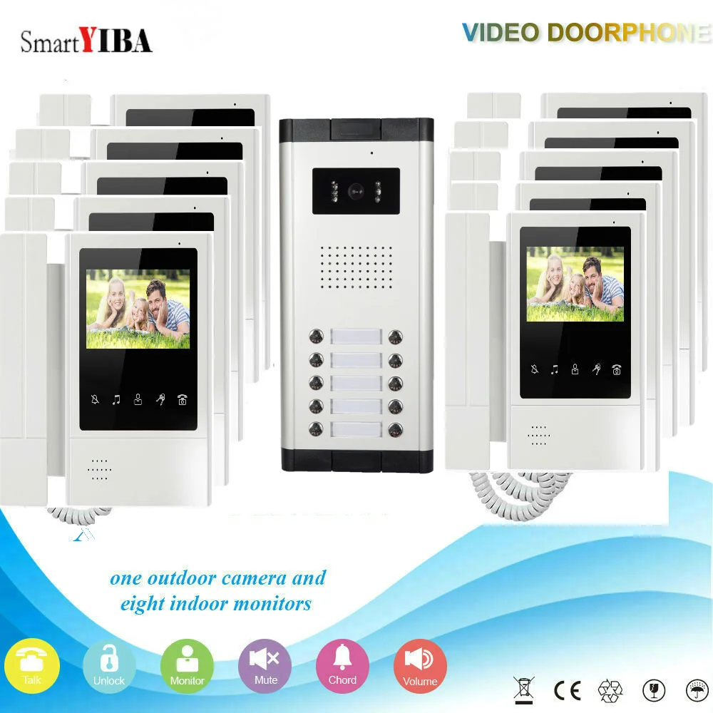 SmartYIBA Video Door Phone 3/4/5/6/8/10 Multi Units Apartments Color Monitor Doorbell Home Video Intercom intercom with camera