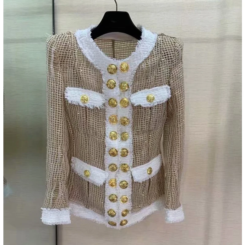 

9.15 2019 New High quality fashion O-neck long sleeve Double breasted women slim shoulder pad temperament tweed jacket coat