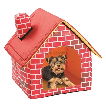 

Warm Indoor Soft Dog Kennel with Chimney Pet Large House Simulation Brick Doggy Beds with Mat Indoor Polyester Nest Tent