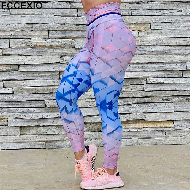 FCCEXIO Space Lattice 3D Print Women Pants Push Up Running Sports