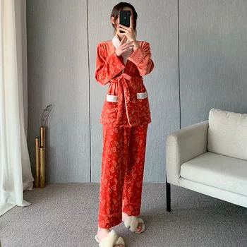 

Female Red Print Letter 2PCS Pajamas Set White Satin Trim Pocket Pyjamas With Belt Autumu New Sleepwear Home Clothes