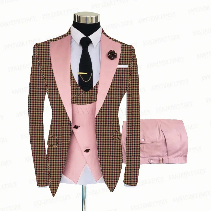 Fashion Burgundy Plaid Men Suits 3 Pieces Formal Slim Fit Business Blazer Sets Groom Prom Wedding Suit Tuxedo Costume Homme