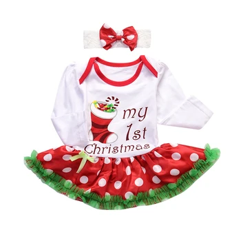 

Xmas Baby Girls Bodysuit Tutu Dress Patchwork Dot Cartoon Letter Print Lace Long Sleeve Princess Dress + Headband Set 3-18M A20