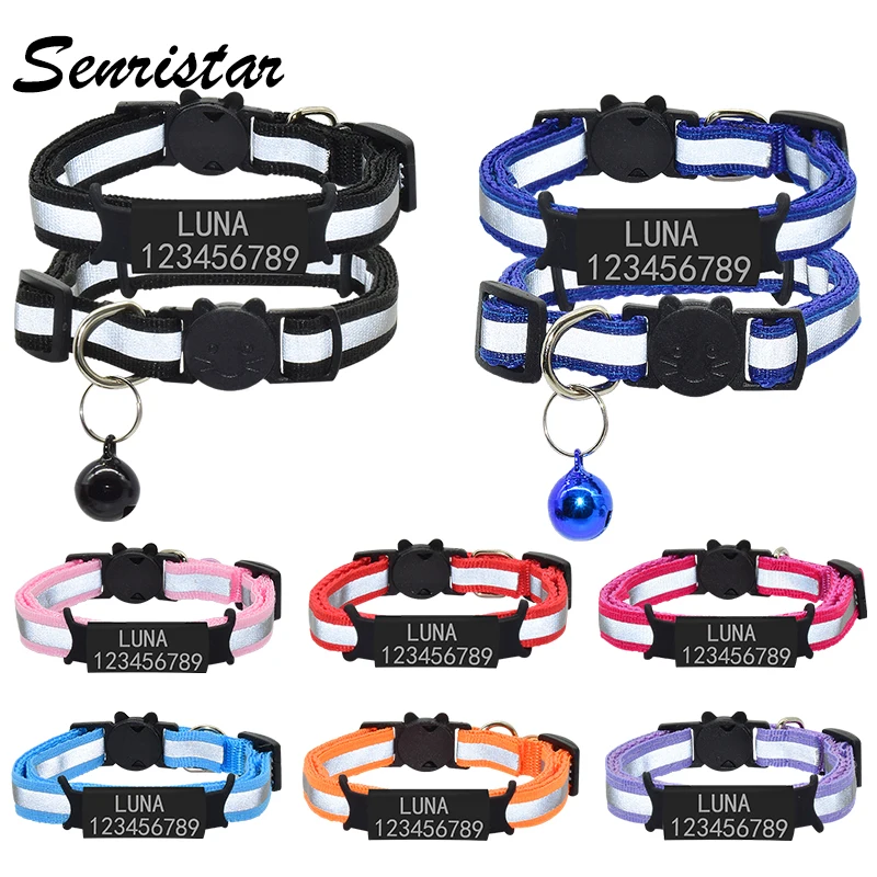 

Custom ID Name Tag Reflective Cat Collar Bell Personalized Safety Nylon Engraved Nameplate Cat Collar Necklace Pet Kitten Collar
