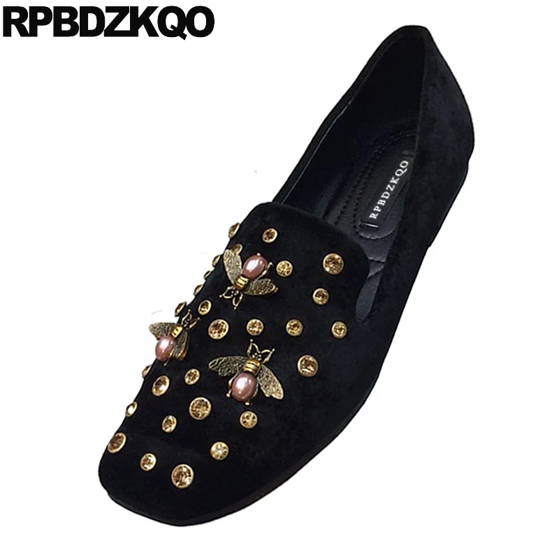 Фитнес Diamond Rhinestone Черный Кристалл Квадратный Toe Bee Дамы Красивые Квартиры Обувь Китайские Мокасины Весна Осень Замша Женщины