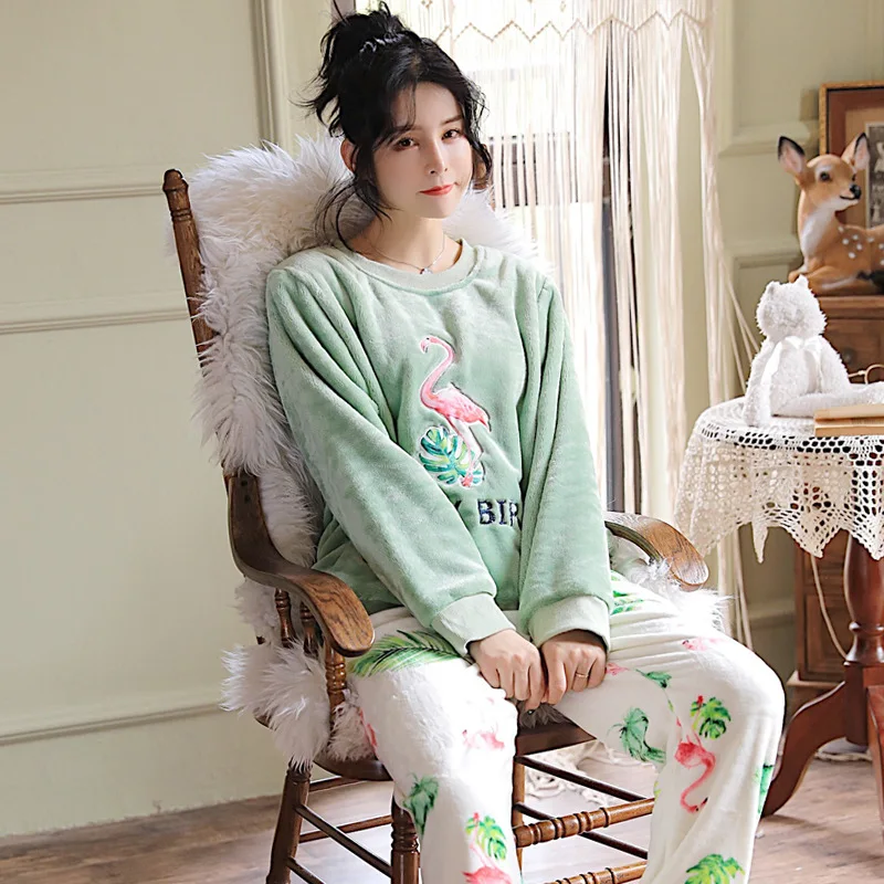 Caiyier фланелевый зимний пижамный комплект, толстая пижама с принтом фламинго и длинными рукавами, мягкая теплая Женская домашняя одежда с круглым вырезом и рисунком - Цвет: green
