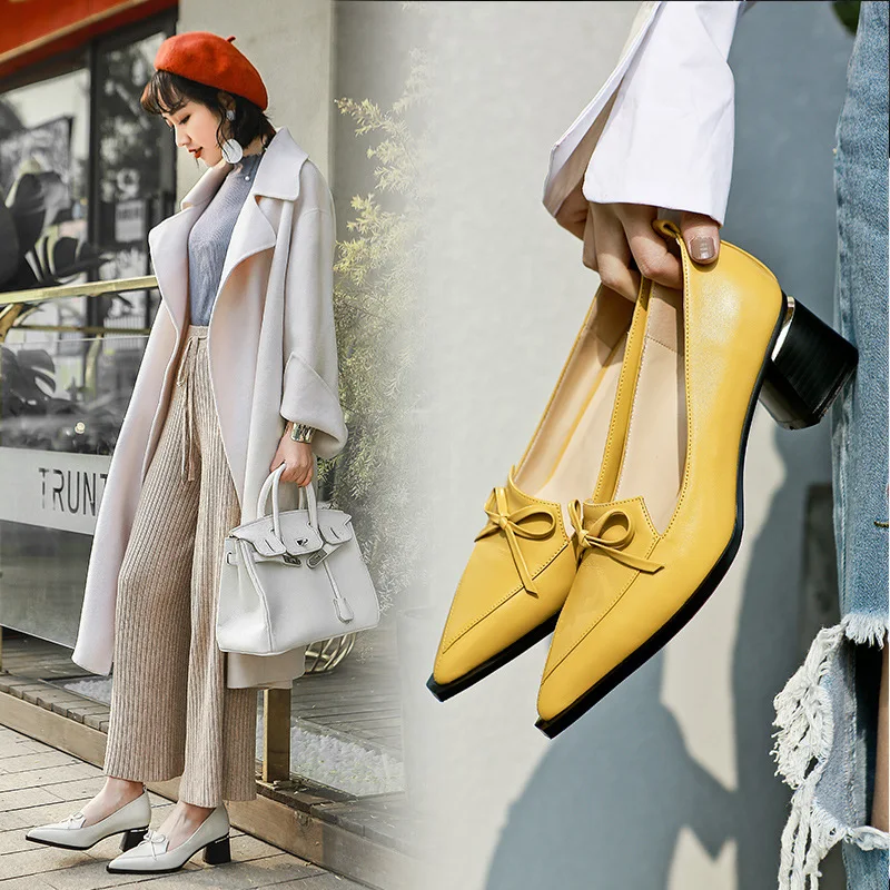 

2019 Spring And Autumn New Style in Chunky-Heel Casual Shoes Women's Leather Bowknot Pointed-Toe Loafers England WOMEN'S Shoes F
