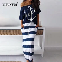 VIEUNSTA S-5XL, Женский Топ с открытыми плечами и юбка, комплект из двух предметов, платье, осенняя блузка с рукавами летучая мышь, рубашка, Полосатое платье с карманами и принтом