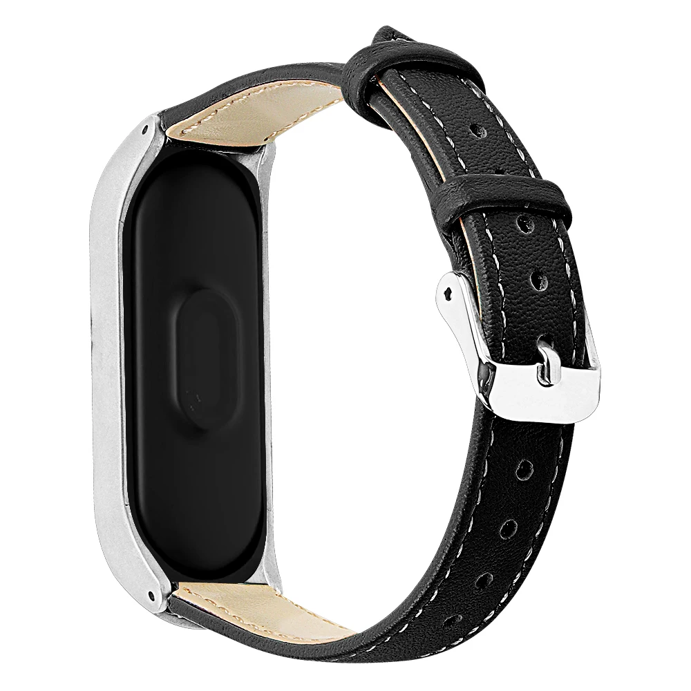 Black Ремешок из натуральной кожи для Xiaomi mi Band 3 mi Band 4 модный сменный ремешок для часов с принтом для mi Band 4 ремешок для часов ми бенд 4 - Цвет: Black