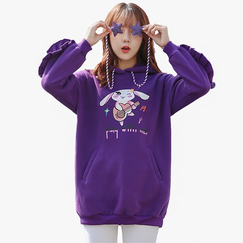 Lychee Harajuku Ruffle лоскутное Фиолетовые женские толстовки гитара кролик письмо вышивка с капюшоном женские толстовки Осенние женские топы