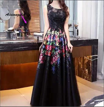 

Black Evening Dress See Through Floral Print Lace Special Occasion Party Dress vestido largo Islamic Dubai Evening Gown Prom