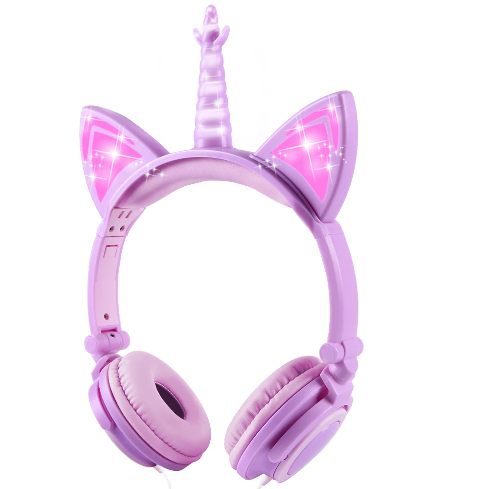 Original Unicorn Headphones LED Flashing Children Headphone Foldable Music Wired Headphones Cat Ear Gaming Headset Kids Gifts