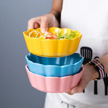 

New Simple Ceramic Bowl Fruit Bowl Snack Bowl Flower-shaped Bowl Salad Bowl Small Bowl Creative Nordic Home Green Pink
