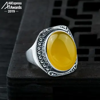 

12*16mm 6.18 Sale S925 Sterling Silver Ukraine Amber Rings Exaggerated Rings health rich lithuania Retro Chalcedony