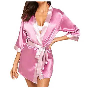 

Patchwork Nightgown Women Silk Long Sleeve Satin Pajamas Sleepwear Robe Belt Bathrobe Plus Size Sexy Nightwear Nightgowns