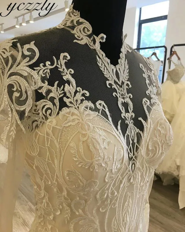 Robe De Mariage сексуальное свадебное платье русалки с высоким вырезом, с длинными рукавами, кружевное свадебное платье с аппликацией Bruidsjurken YW20