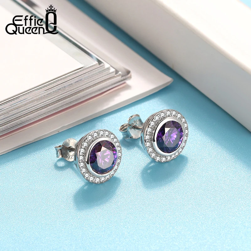 Effie queen 925 пробы серебро Для женщин серьги-гвоздики AAA циркон фиолетовый CZ серьги для свадьбы, помолвки, ювелирные изделия в качестве подарка TSE229