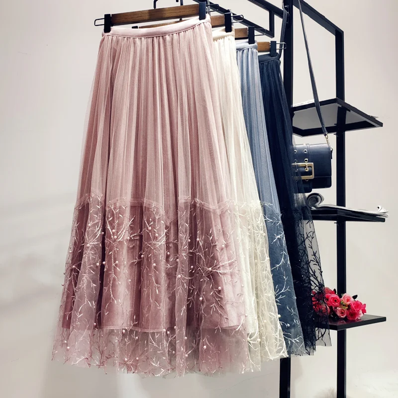 Новое поступление, Женская юбка, сетка, пряжа, вышивка, бархатная подкладка, длинные юбки для дам, длинная юбка, до середины икры, Свинг, плиссированная юбка