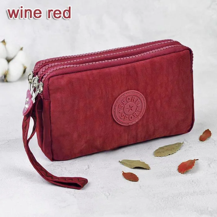 wine red Женские кошельки с 3 застежками-молниями, женские кошельки, брендовый клатч, кошелек для монет, карточки-ключи, сумки для денег, холщовые короткие женские кошельки, сумки для девушек - Цвет: wine red