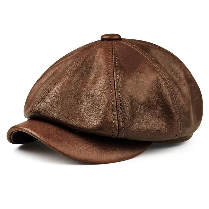 Hats Men Winter 100% Genuine Leather Warm Cap Male Beret Painter Boina Cowhide Octagonal Casquette Streetwear beret hat,woolen beret