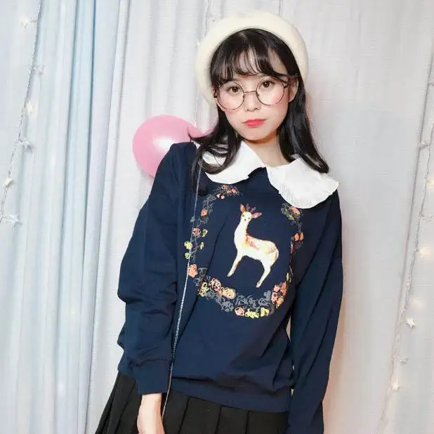 Harajuku Japanese Sweatshirt Women Cartoon Printed Long Sleeve Loose Pullover Peter Pan Collar Sweet Cute Sweatshirt Female