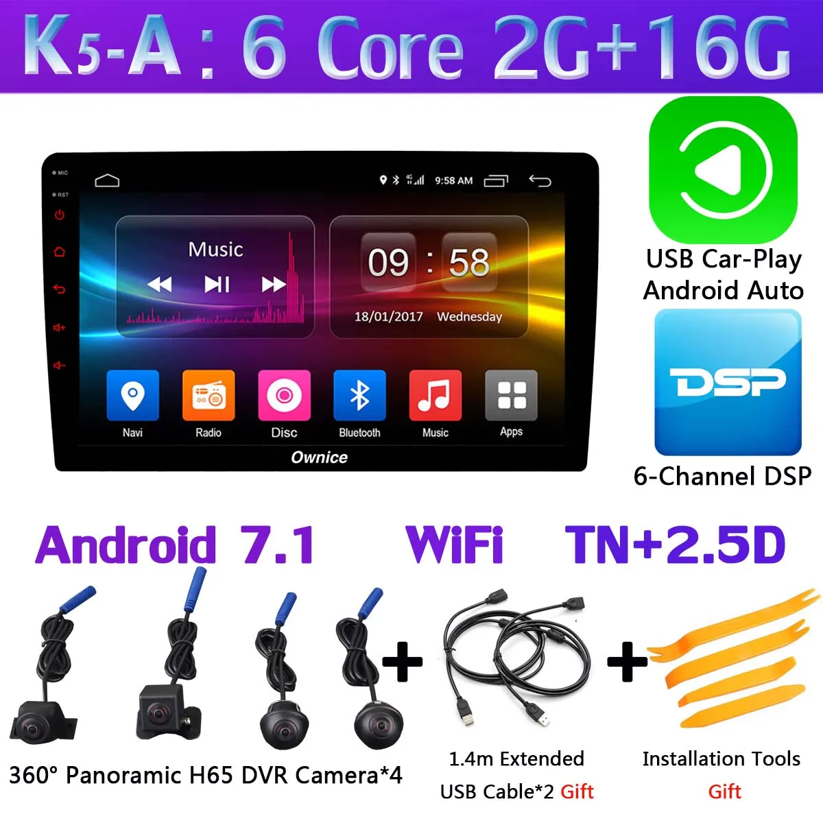 Ownice K5 360 ° панорамная система 4 × AHD DVR камера Android 7,1 6Core 2G+ 32G Автомобильный мультимедийный плеер Радио Стерео gps DSP CarPlay WiFi - Цвет: K5-A-CarPlay