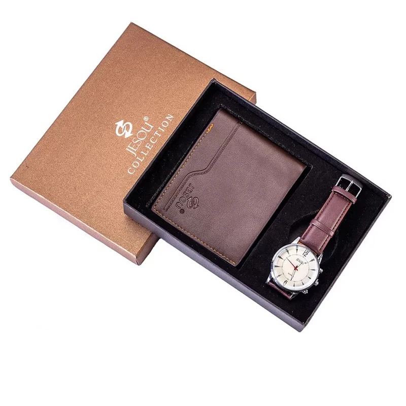

Men Watches Leather Band Quartz Wrist Watch Folding Leather Wallet Watch Gift Set for Men's Holiday Birthday Present Fast Ship