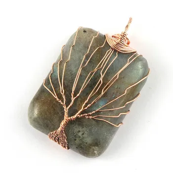 

100-Unique 1 Pcs Rose Gold Color Handmade Wire Wrap Rectangle Shape Pendant Labradorite Stone Jewelry