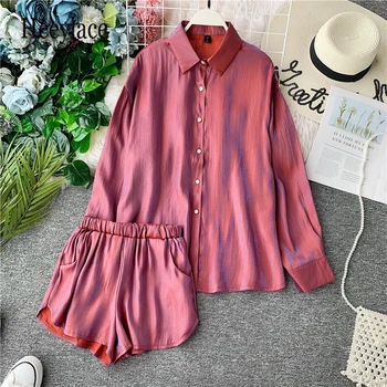 

Solid Single Breasted Long Sleeve Long Shirts+elastic High Waist Shorts New 2019 Autumn Women Fashion Clothing 2 Pieces Sets