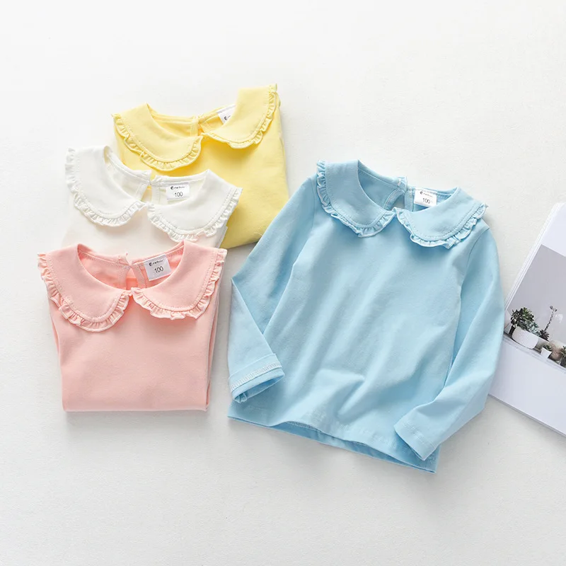 Осенне-Весенние футболки для девочек, блузка с длинными рукавами и воротником «Питер Пэн», хлопковые топы, G558