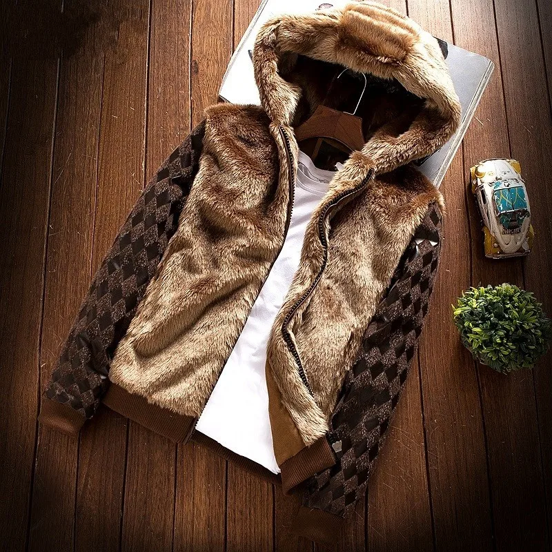 Готическая мужская осенне-зимняя куртка из искусственного меха с капюшоном и меховой подкладкой, теплое пушистое Пальто Harajuku в стиле хип-хоп, Повседневная цветная куртка с панелями